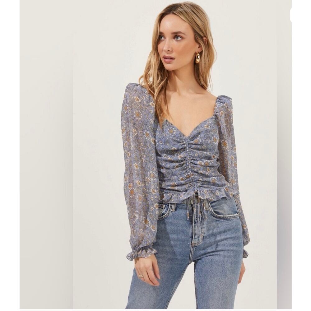 ASTR Love Song Floral Ruched Puff Sleeve Blouse | Size Large